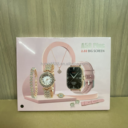 8 in 1 A58 Smart Watch+Diamond Quartz Watch+Necklace+Earrings+Ring+Bracelet+Gift