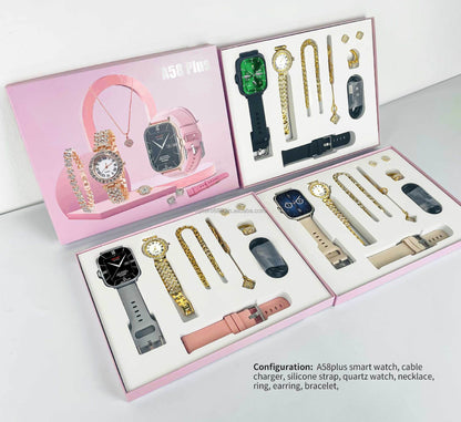 8 in 1 A58 Smart Watch+Diamond Quartz Watch+Necklace+Earrings+Ring+Bracelet+Gift