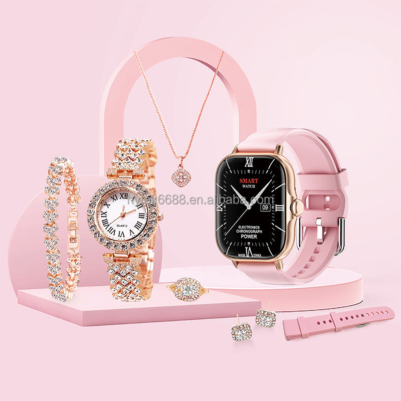 8 in 1 A58 Smart Watch+Diamond Quartz Watch+Necklace+Earrings+Ring+Bracelet+Gift