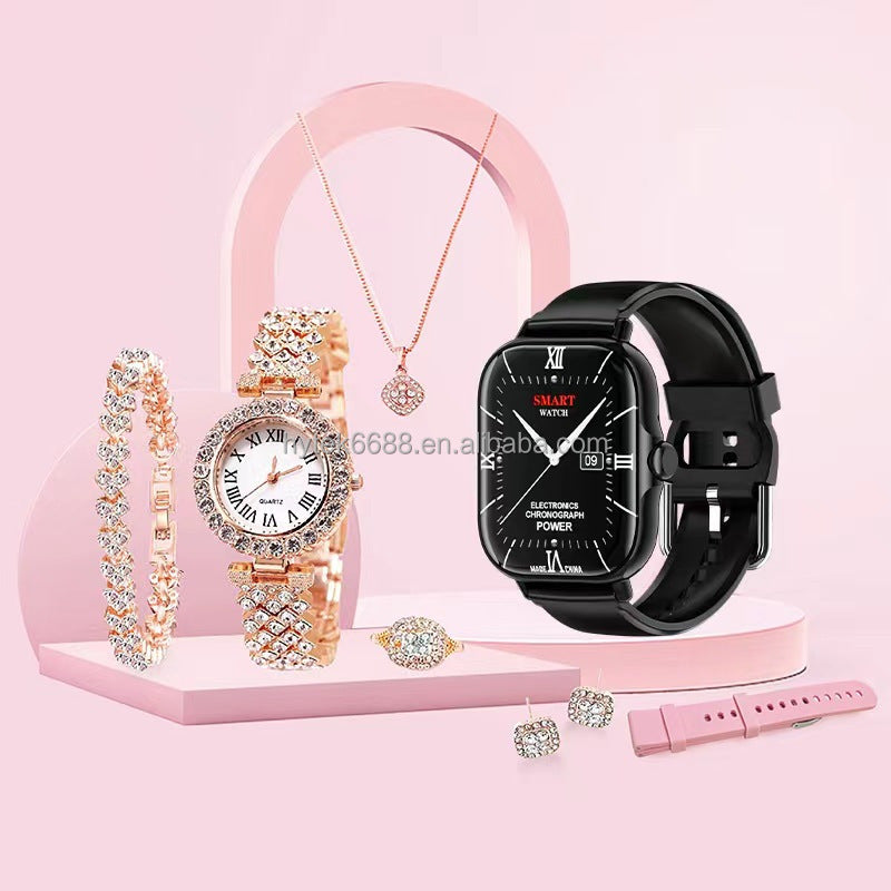 8 in 1 A58 Smart Watch+Diamond Quartz Watch+Necklace+Earrings+Ring+Bracelet+Gift