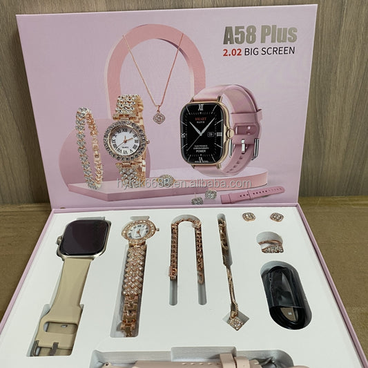 8 in 1 A58 Smart Watch+Diamond Quartz Watch+Necklace+Earrings+Ring+Bracelet+Gift