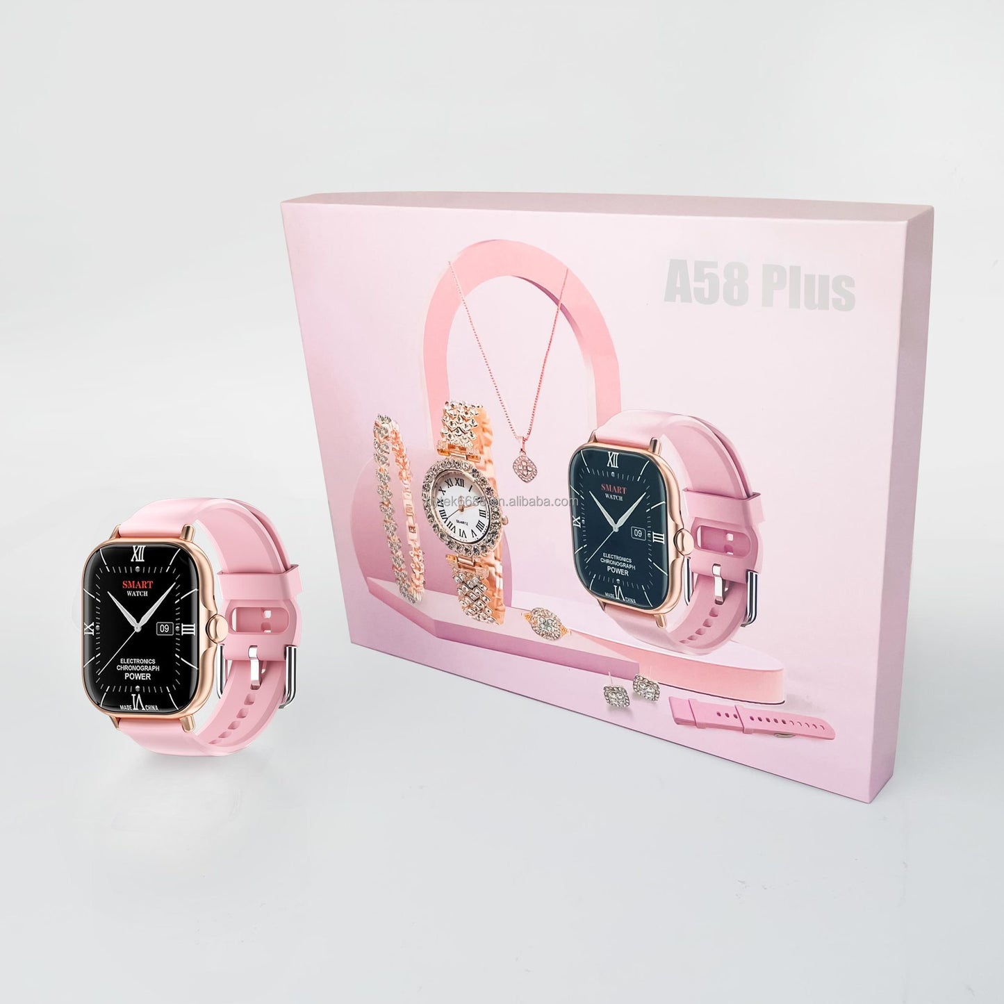 8 in 1 A58 Smart Watch+Diamond Quartz Watch+Necklace+Earrings+Ring+Bracelet+Gift