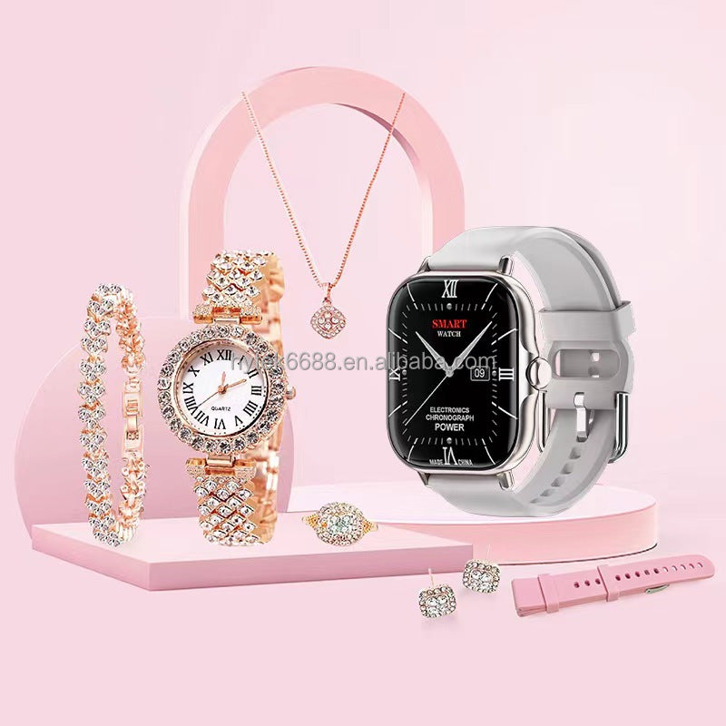 8 in 1 A58 Smart Watch+Diamond Quartz Watch+Necklace+Earrings+Ring+Bracelet+Gift