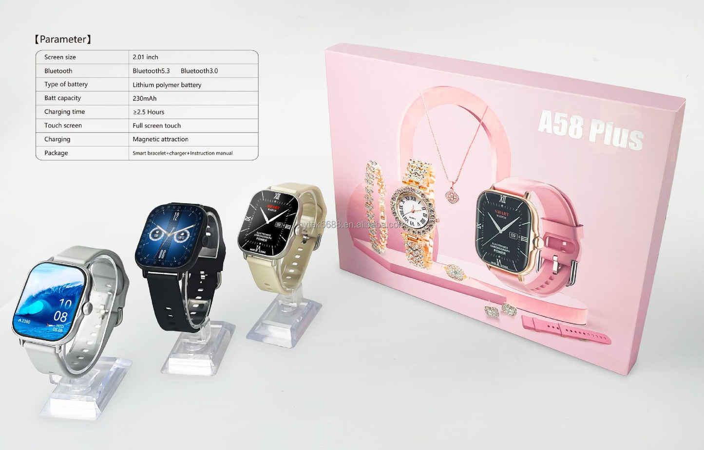 8 in 1 A58 Smart Watch+Diamond Quartz Watch+Necklace+Earrings+Ring+Bracelet+Gift