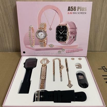 8 in 1 A58 Smart Watch+Diamond Quartz Watch+Necklace+Earrings+Ring+Bracelet+Gift