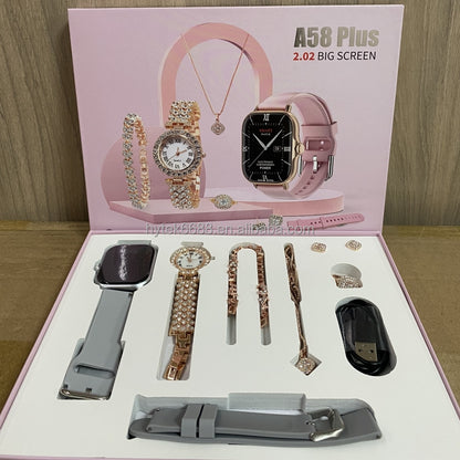 8 in 1 A58 Smart Watch+Diamond Quartz Watch+Necklace+Earrings+Ring+Bracelet+Gift